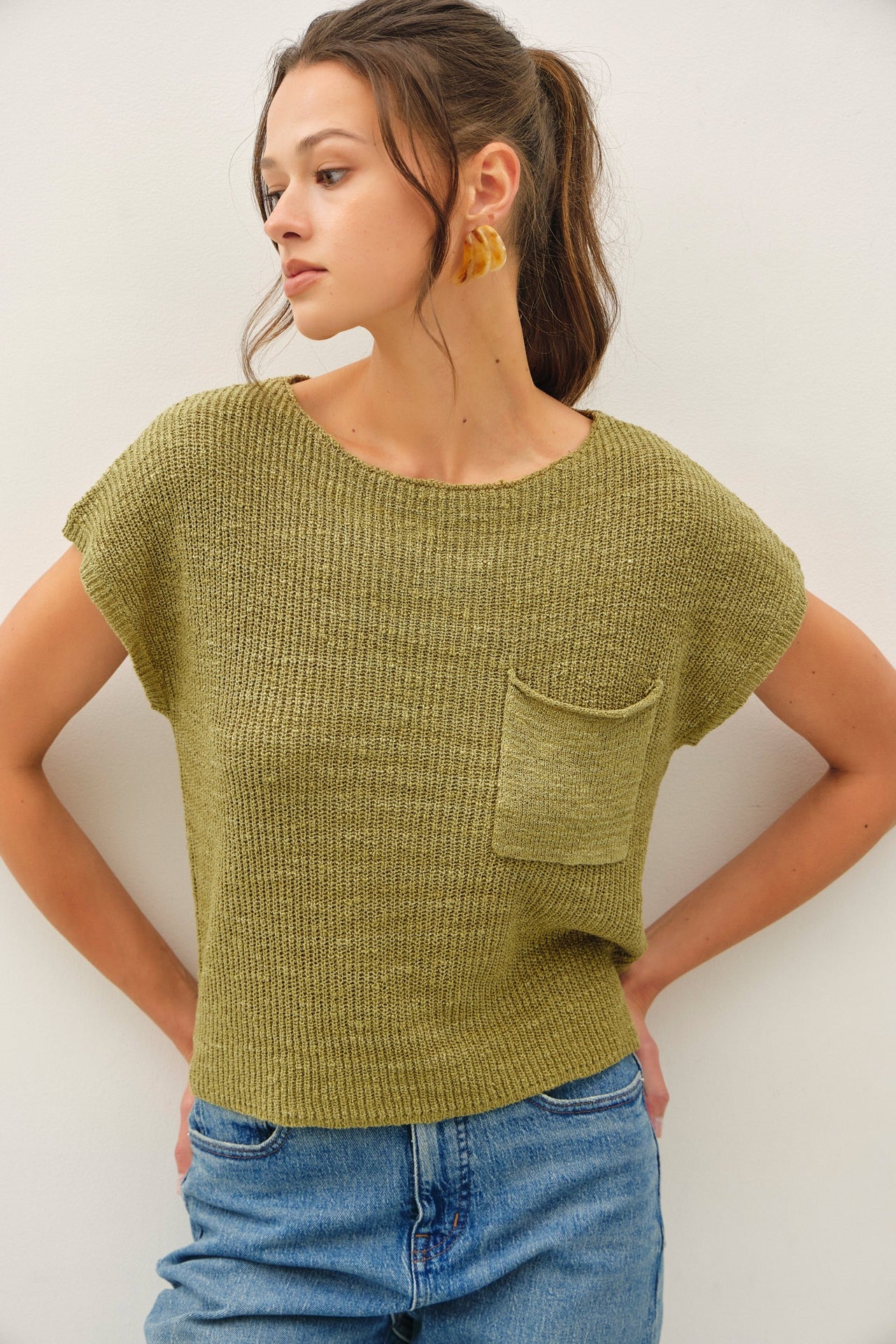 Boat Neck Dolman Cap Sleeve Boxy Knit Sweater Top with Patch Pocket