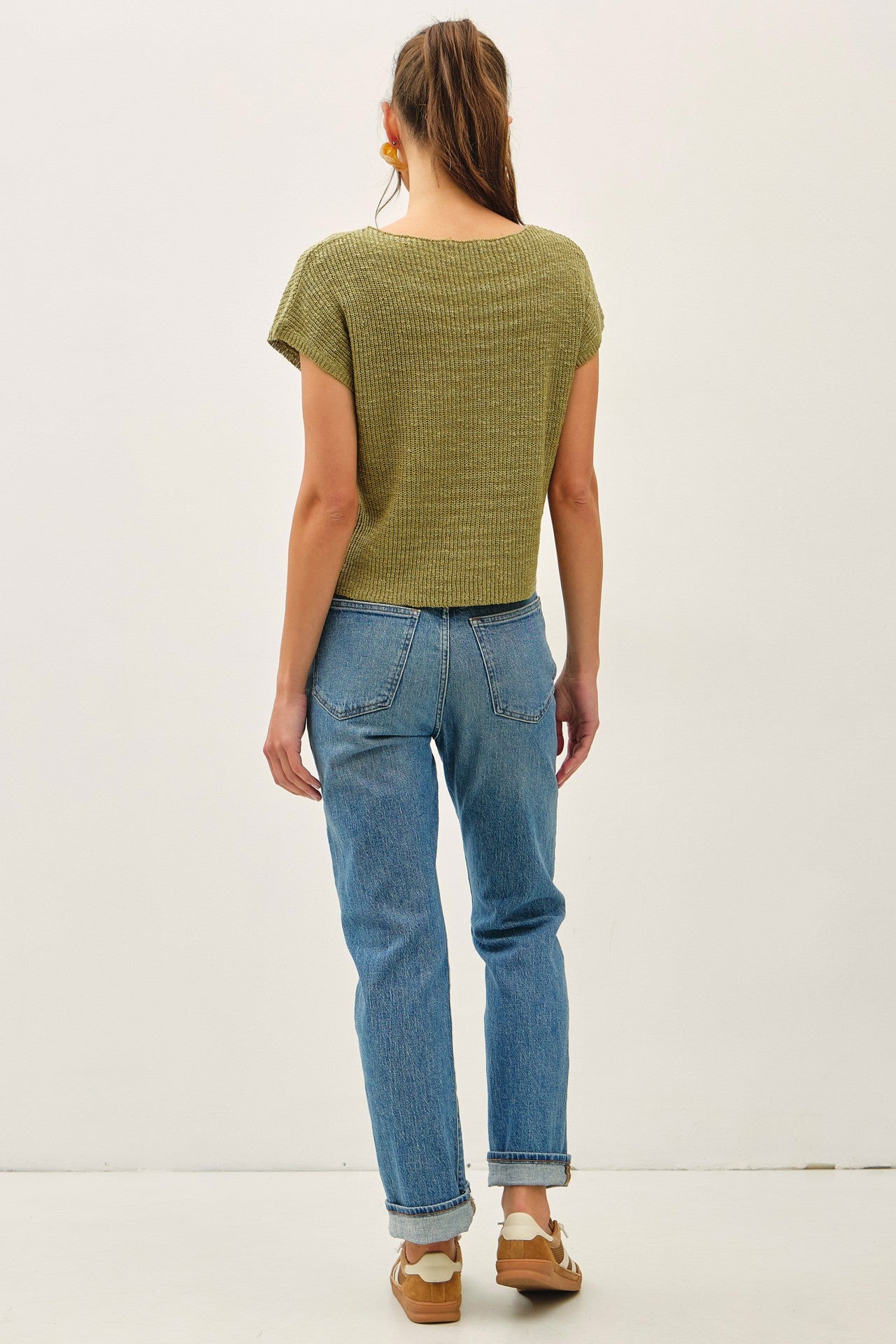 Boat Neck Dolman Cap Sleeve Boxy Knit Sweater Top with Patch Pocket