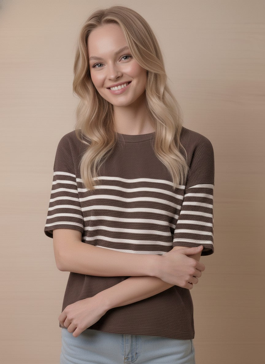 Cloudy Knit Stripe Color Block Short Sleeve Round Neck Top