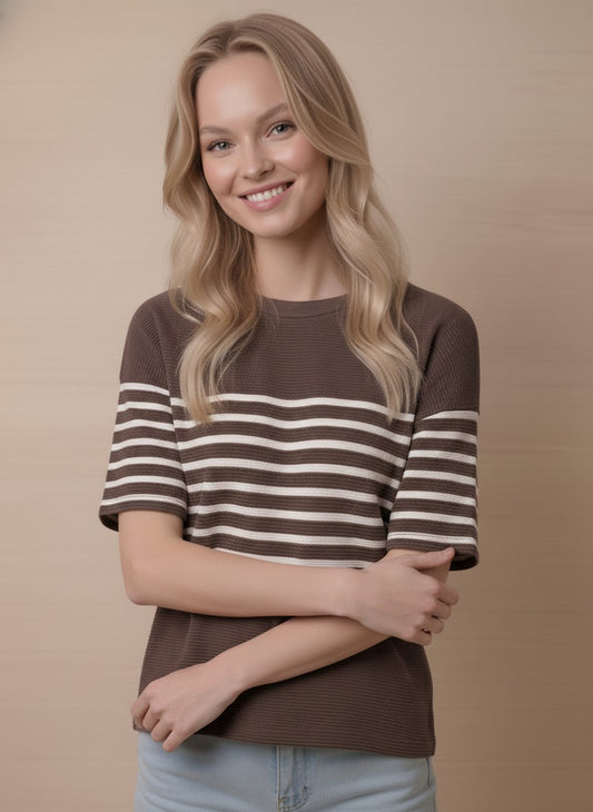 Cloudy Knit Stripe Color Block Short Sleeve Round Neck Top