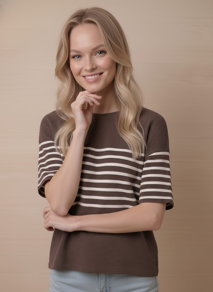 Cloudy Knit Stripe Color Block Short Sleeve Round Neck Top