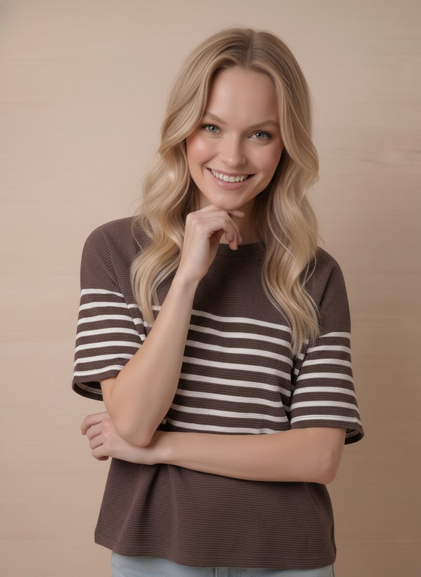 Cloudy Knit Stripe Color Block Short Sleeve Round Neck Top