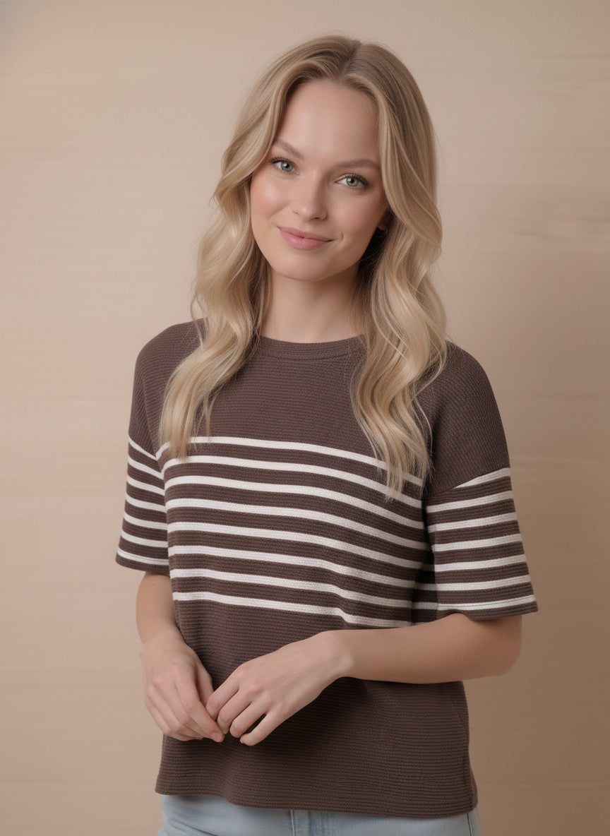 Cloudy Knit Stripe Color Block Short Sleeve Round Neck Top
