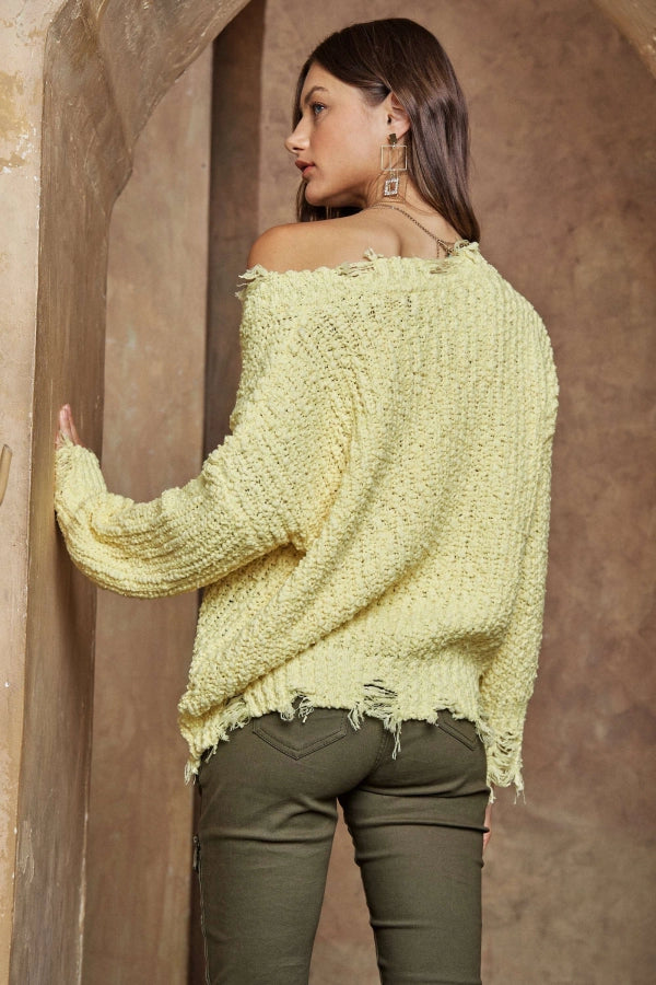 Distressed Boat Neck Knit Sweater