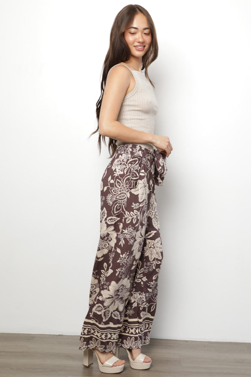 Floral Print Wide Leg Pants w/ Self Tie