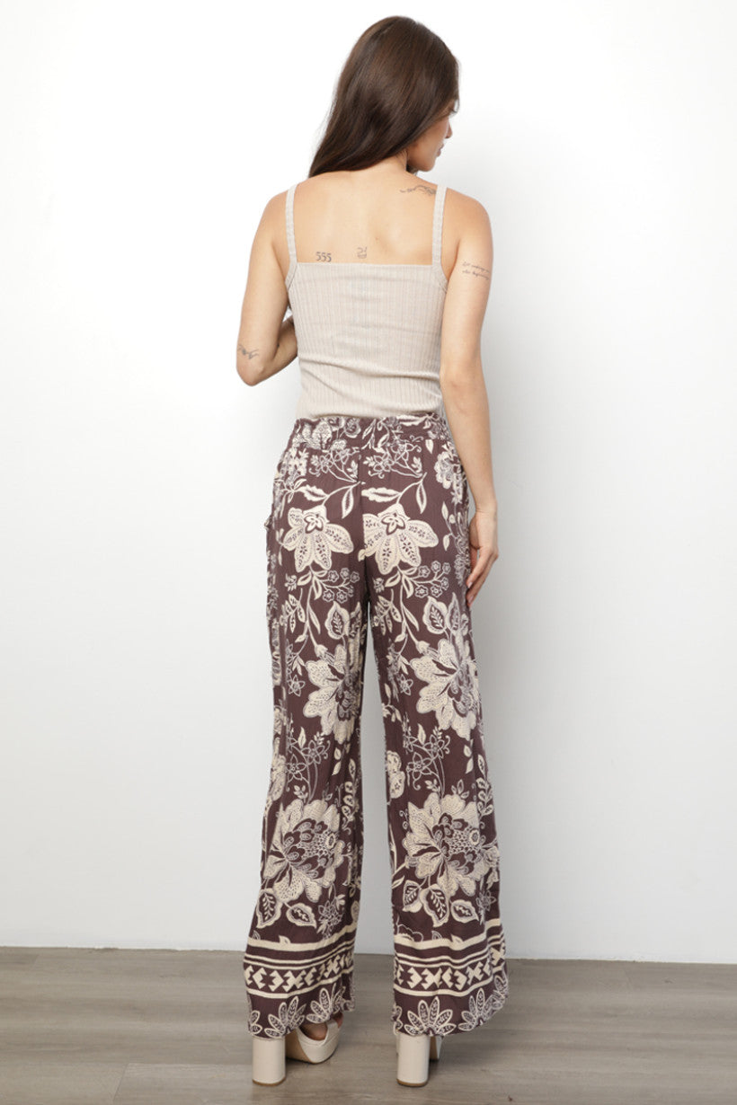 Floral Print Wide Leg Pants w/ Self Tie
