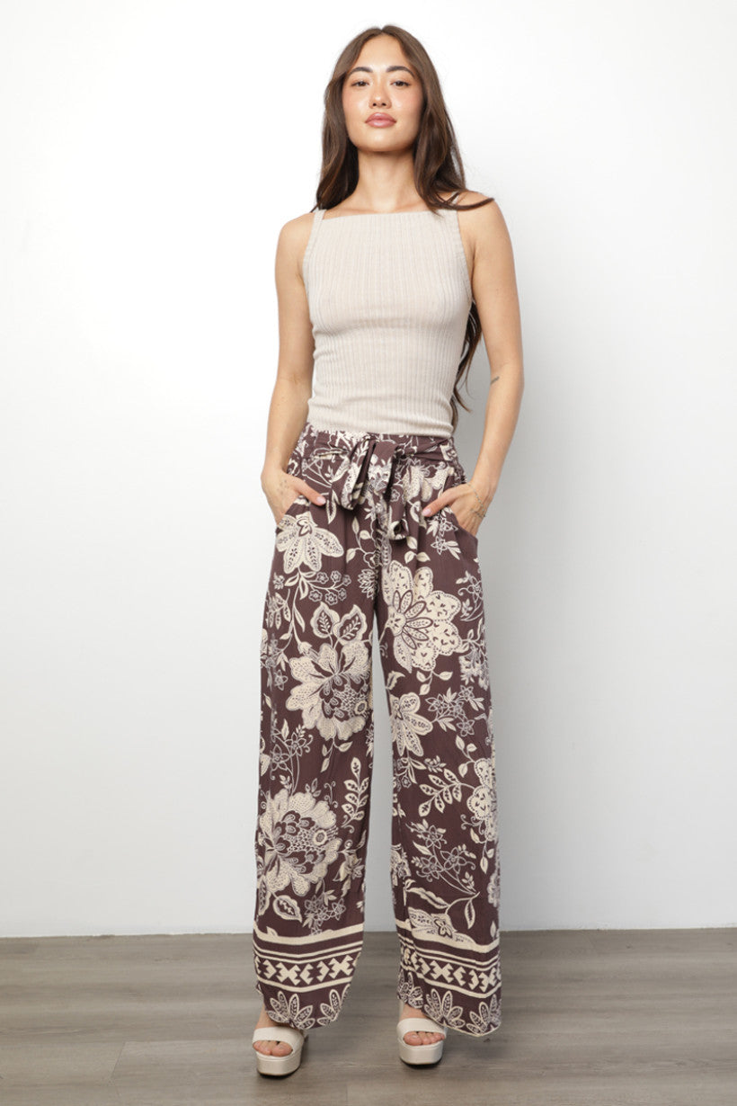 Floral Print Wide Leg Pants w/ Self Tie