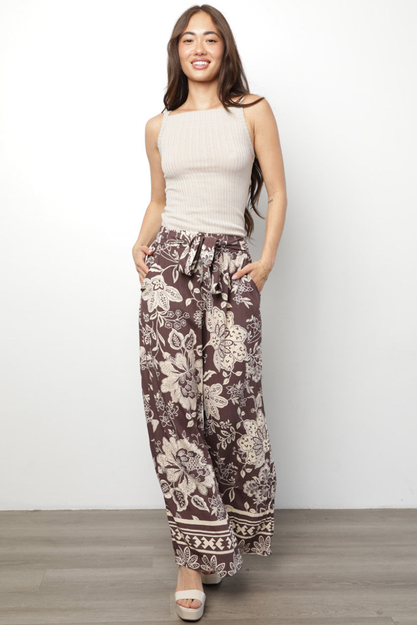 Floral Print Wide Leg Pants w/ Self Tie