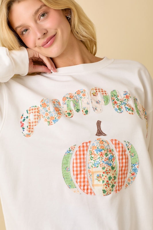 Pumpkin Patchwork Long Sleeve Crewneck Sweater