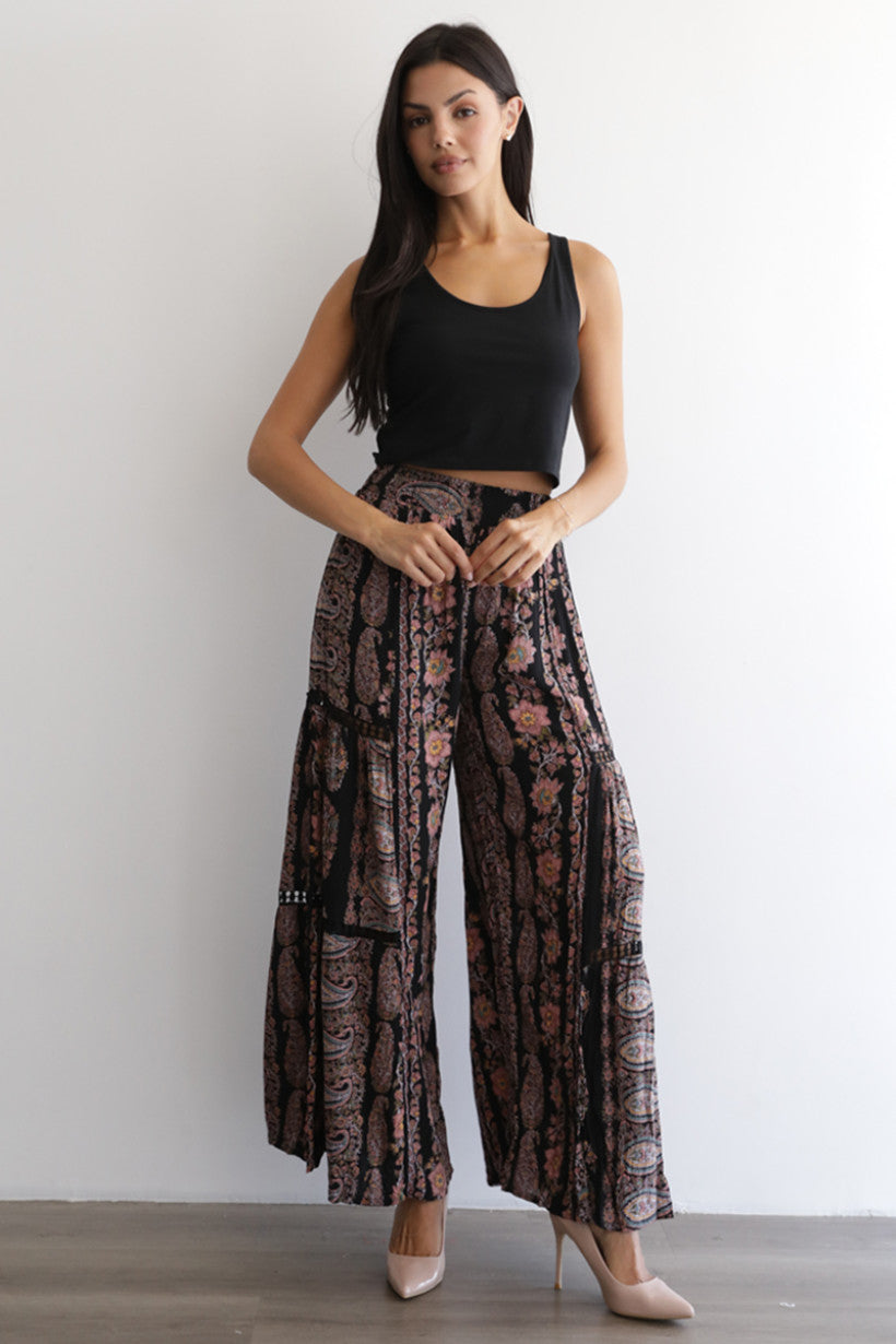 Floral Print Wide Leg Pants w/ Lace Inserts
