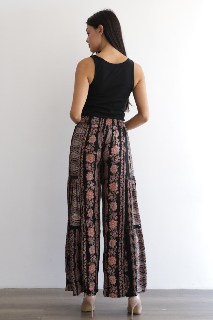 Floral Print Wide Leg Pants w/ Lace Inserts