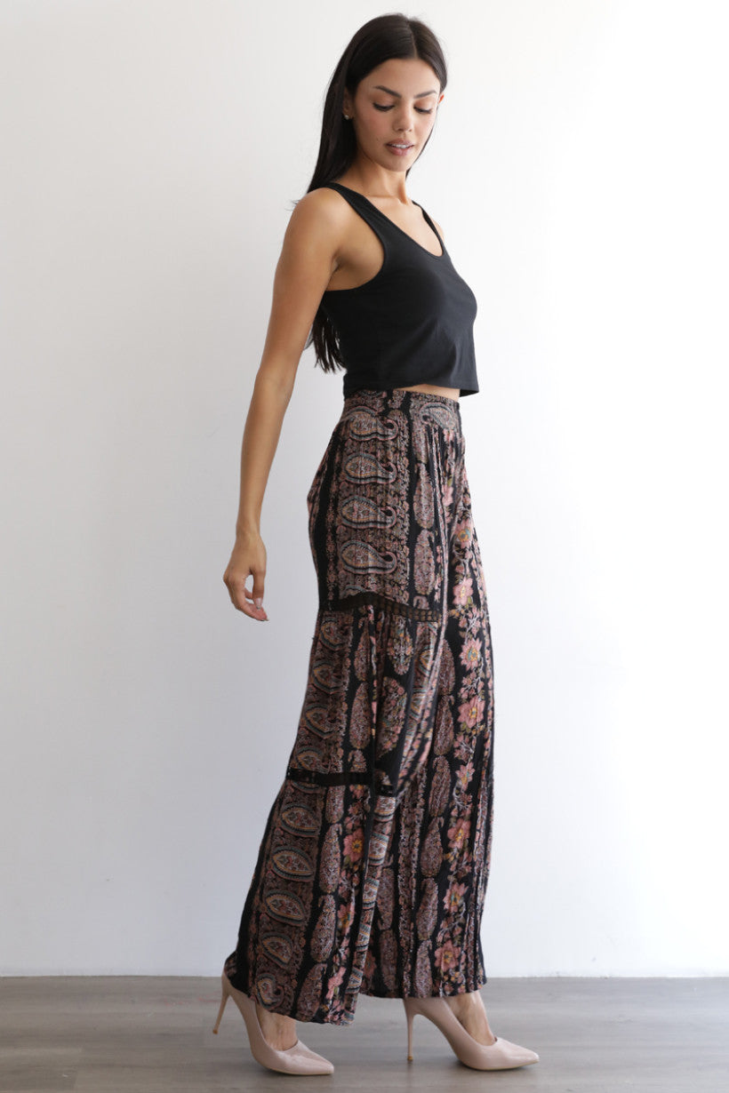 Floral Print Wide Leg Pants w/ Lace Inserts
