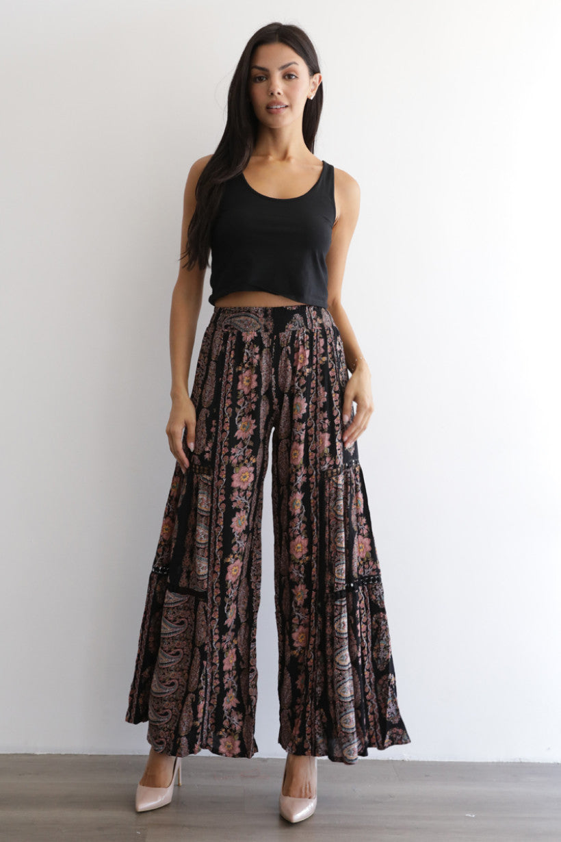 Floral Print Wide Leg Pants w/ Lace Inserts