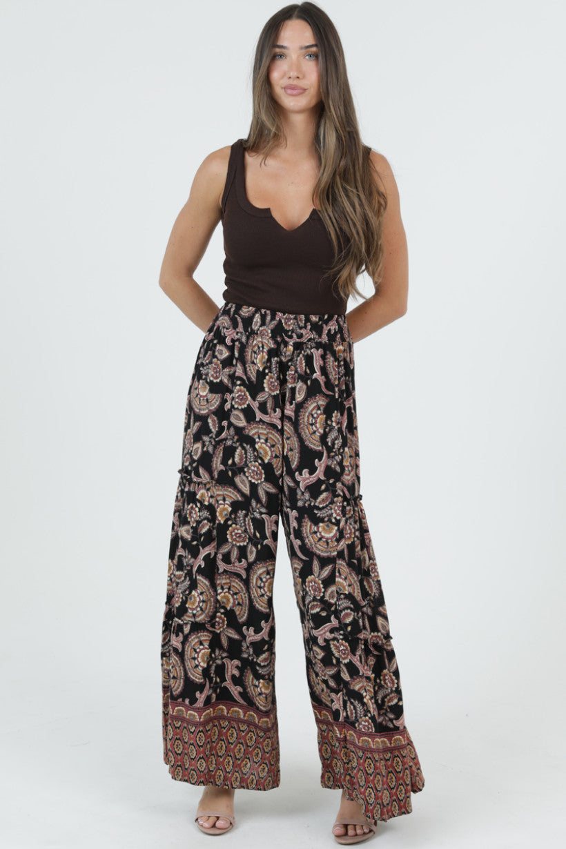 Floral Wide Leg Pants w/ Ruffles