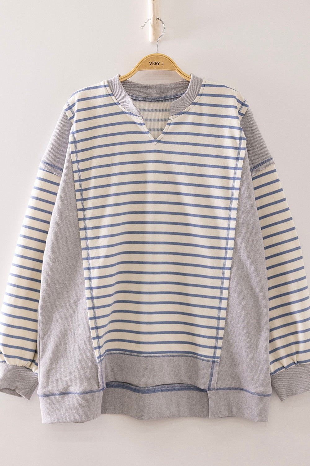 Stripe Contrast Panel Notch Neck Pullover