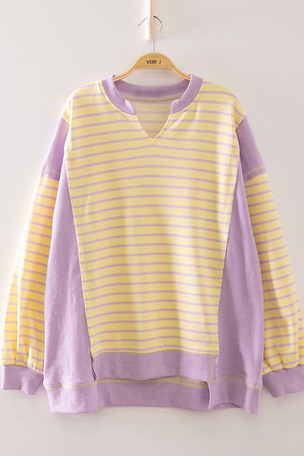 Stripe Contrast Panel Notch Neck Pullover