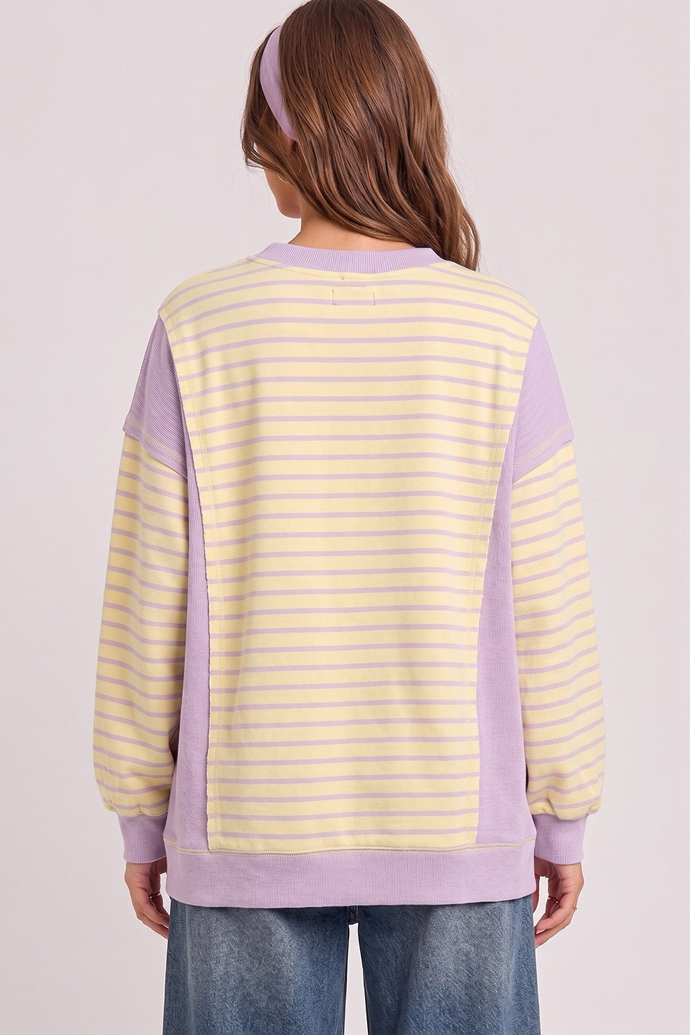Stripe Contrast Panel Notch Neck Pullover