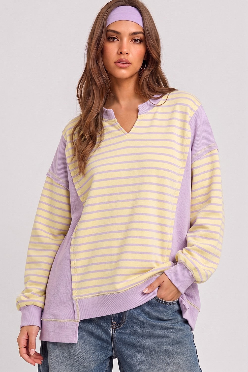 Stripe Contrast Panel Notch Neck Pullover
