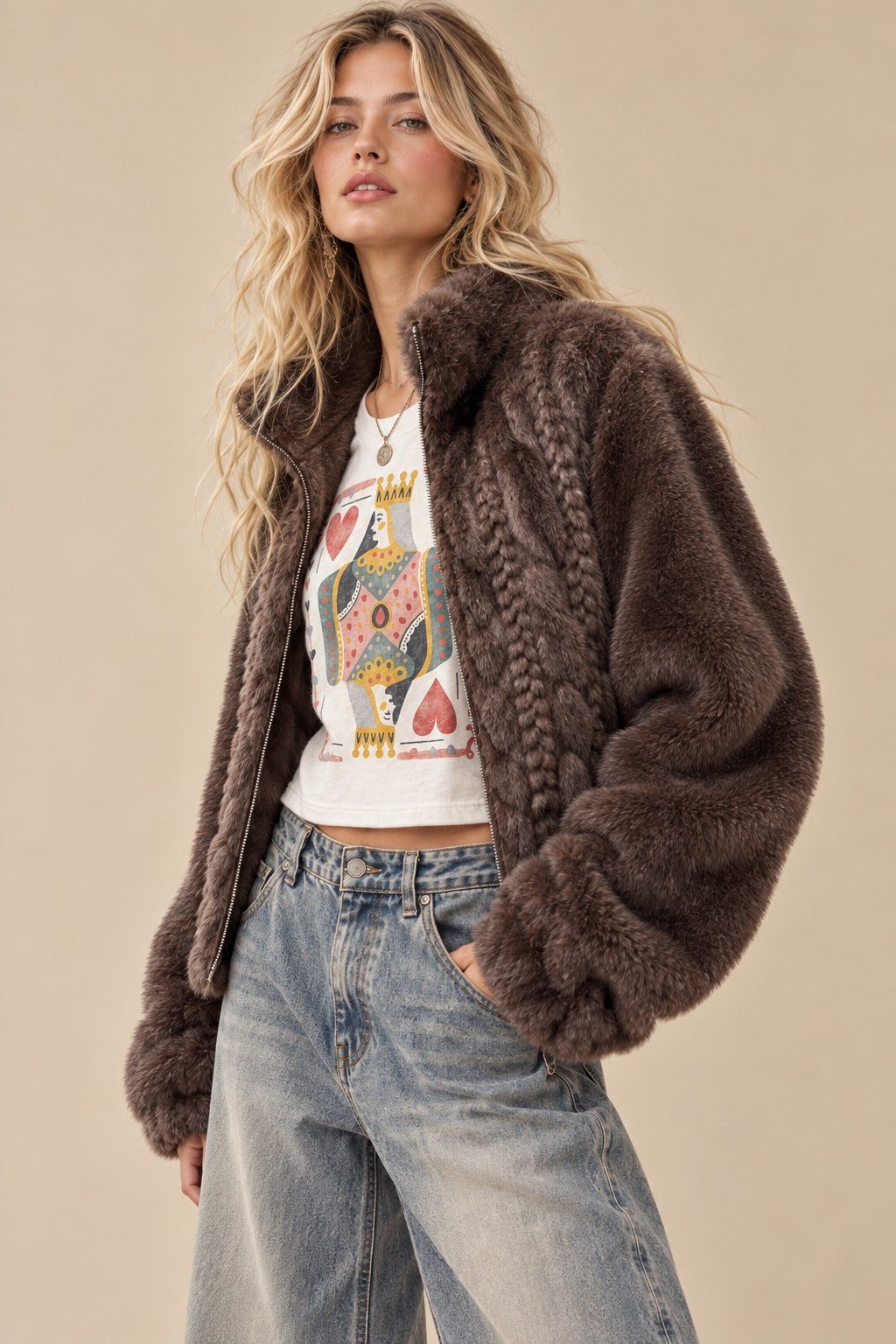 Cable-Knit Faux Fur Zip-Up Jacket