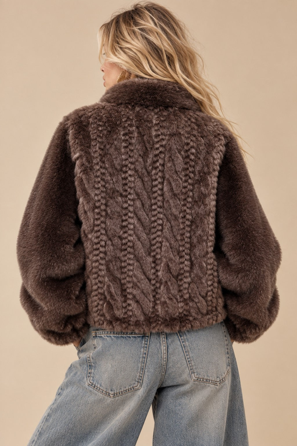 Cable-Knit Faux Fur Zip-Up Jacket