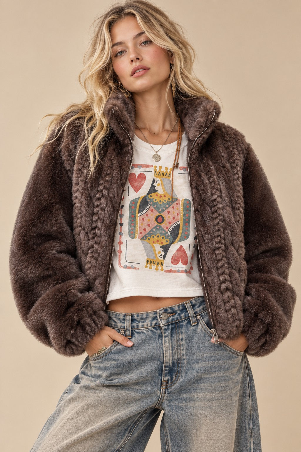 Cable-Knit Faux Fur Zip-Up Jacket