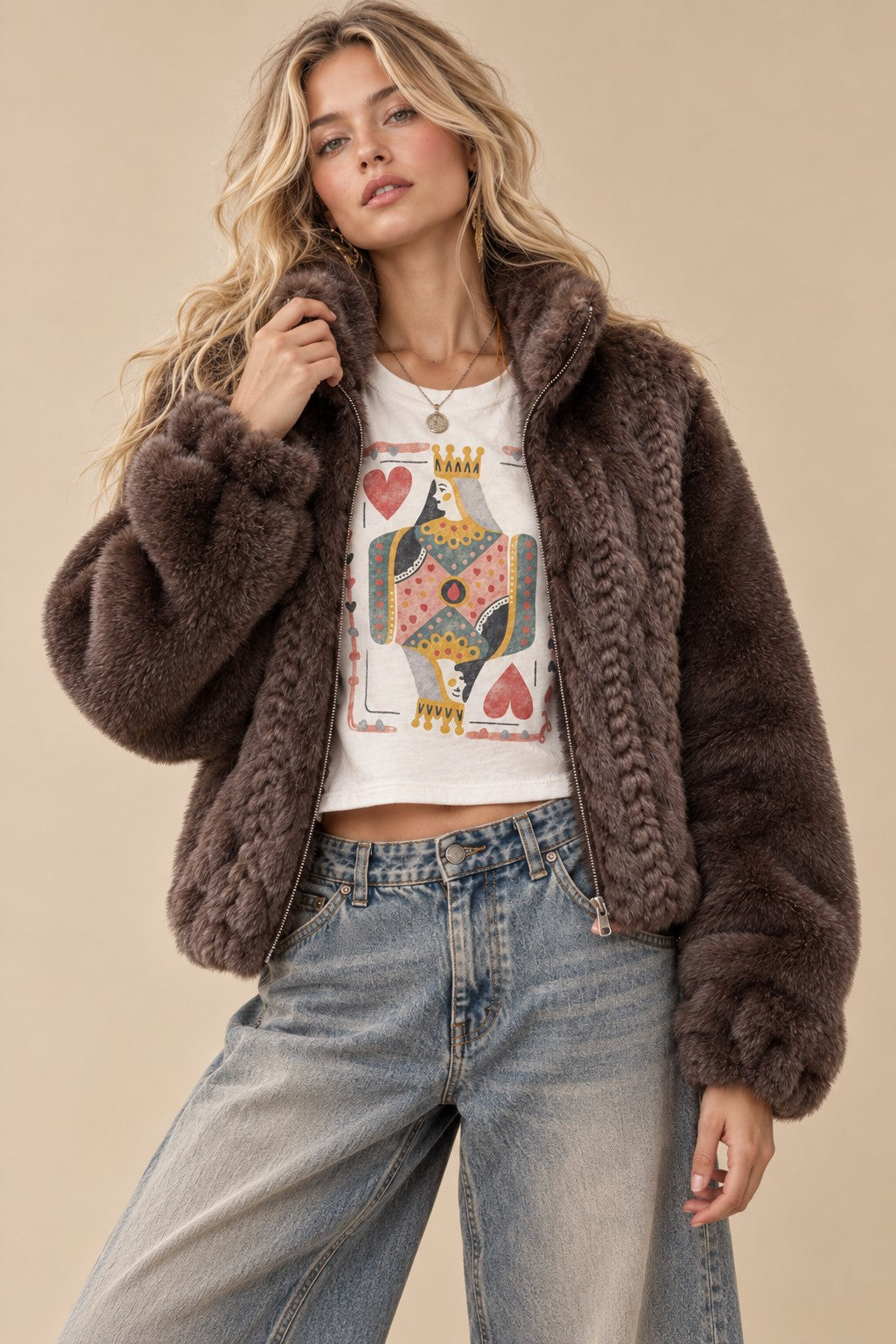 Cable-Knit Faux Fur Zip-Up Jacket