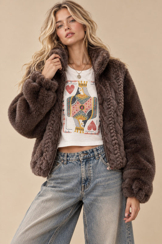 Cable-Knit Faux Fur Zip-Up Jacket