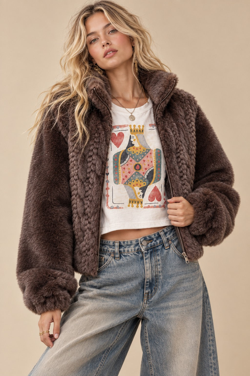 Cable-Knit Faux Fur Zip-Up Jacket