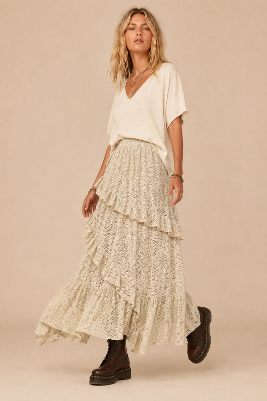 Tiered Ruffle Pointelle Knit Maxi Skirt