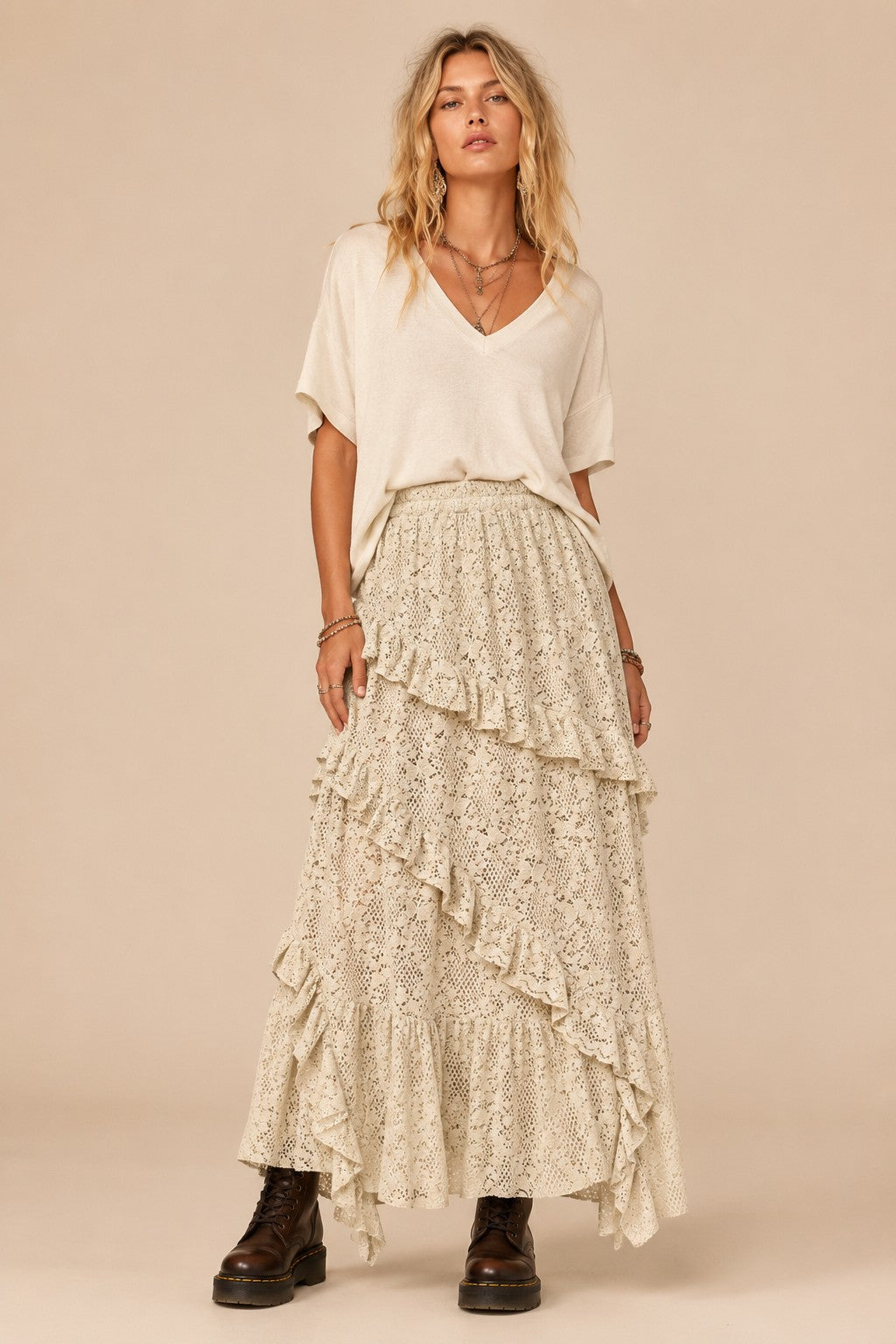Tiered Ruffle Pointelle Knit Maxi Skirt