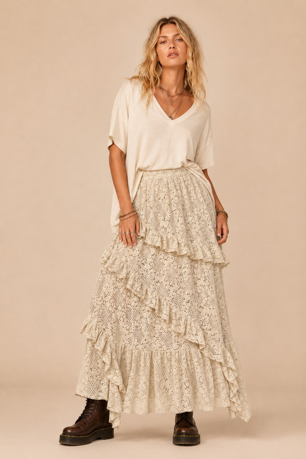 Tiered Ruffle Pointelle Knit Maxi Skirt