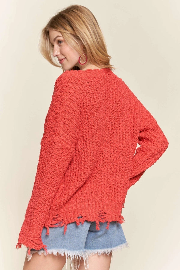 Distressed Boat Neck Knit Sweater