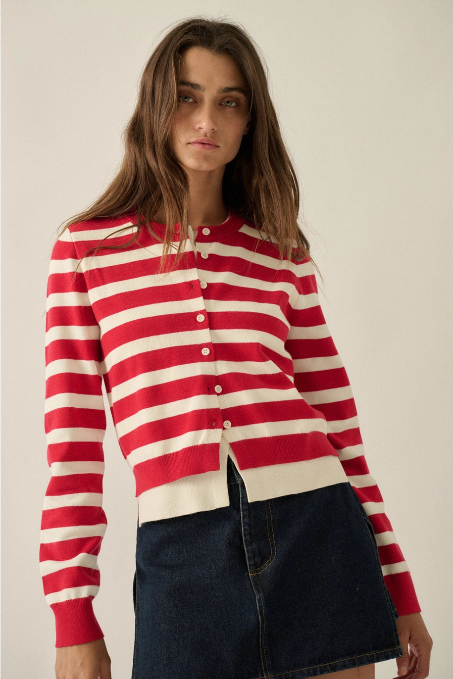 Striped Knit Round-Neck Button-Front Layered Cardigan