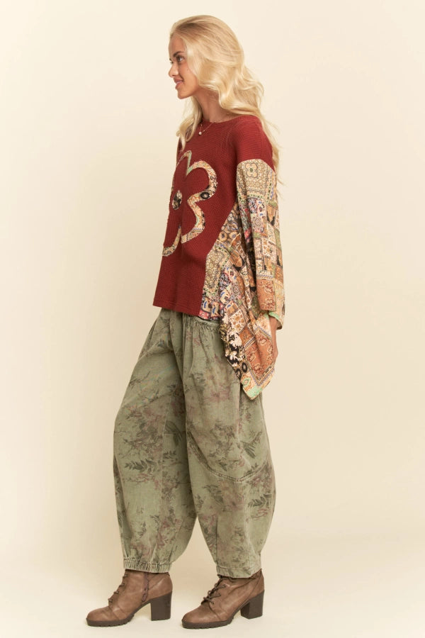 Boho Patchwork Knit Top w/ Flower