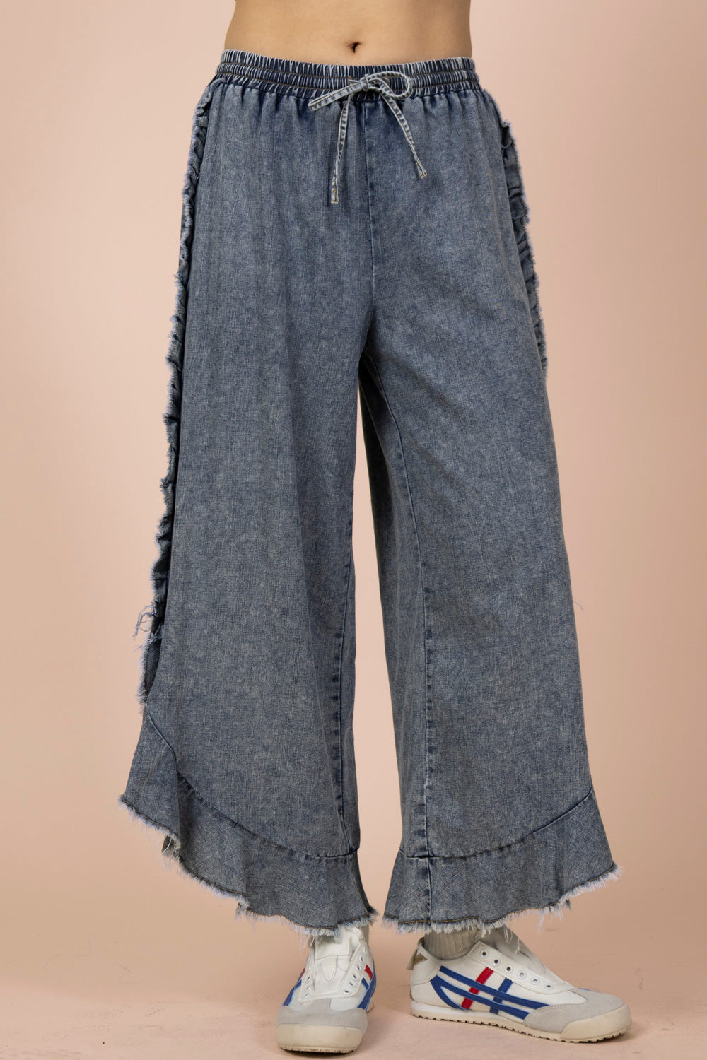 Ruffle Frayed Hem Washed Chambray Pants