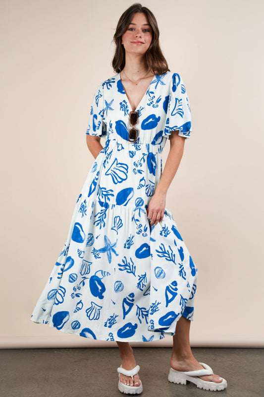 Printed V Neck Resort Midi Dress