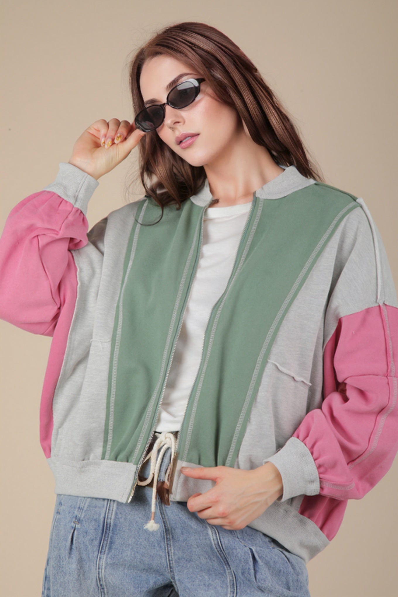 Color Block Casual Bomber Oversized Knit Jacket