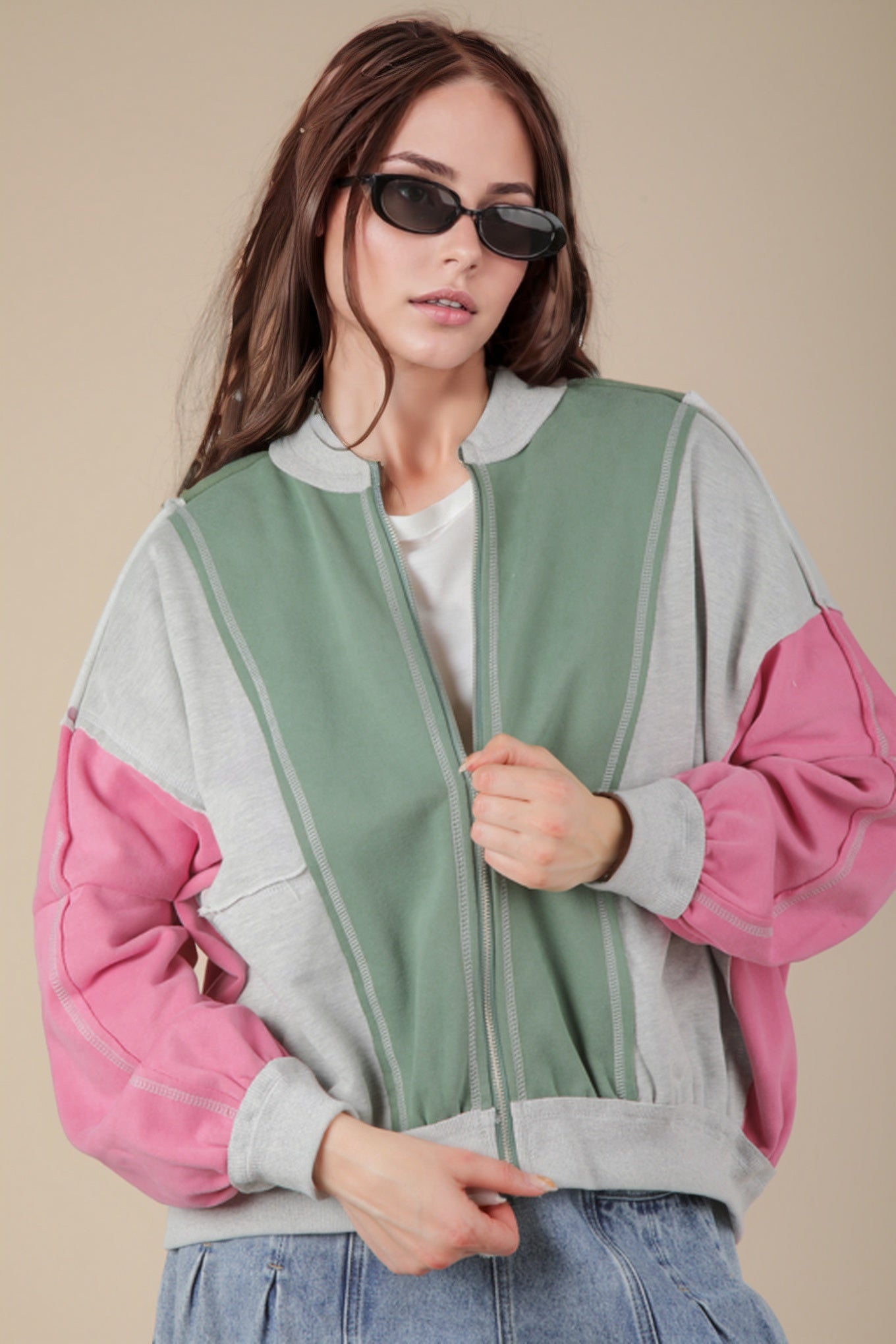 Color Block Casual Bomber Oversized Knit Jacket