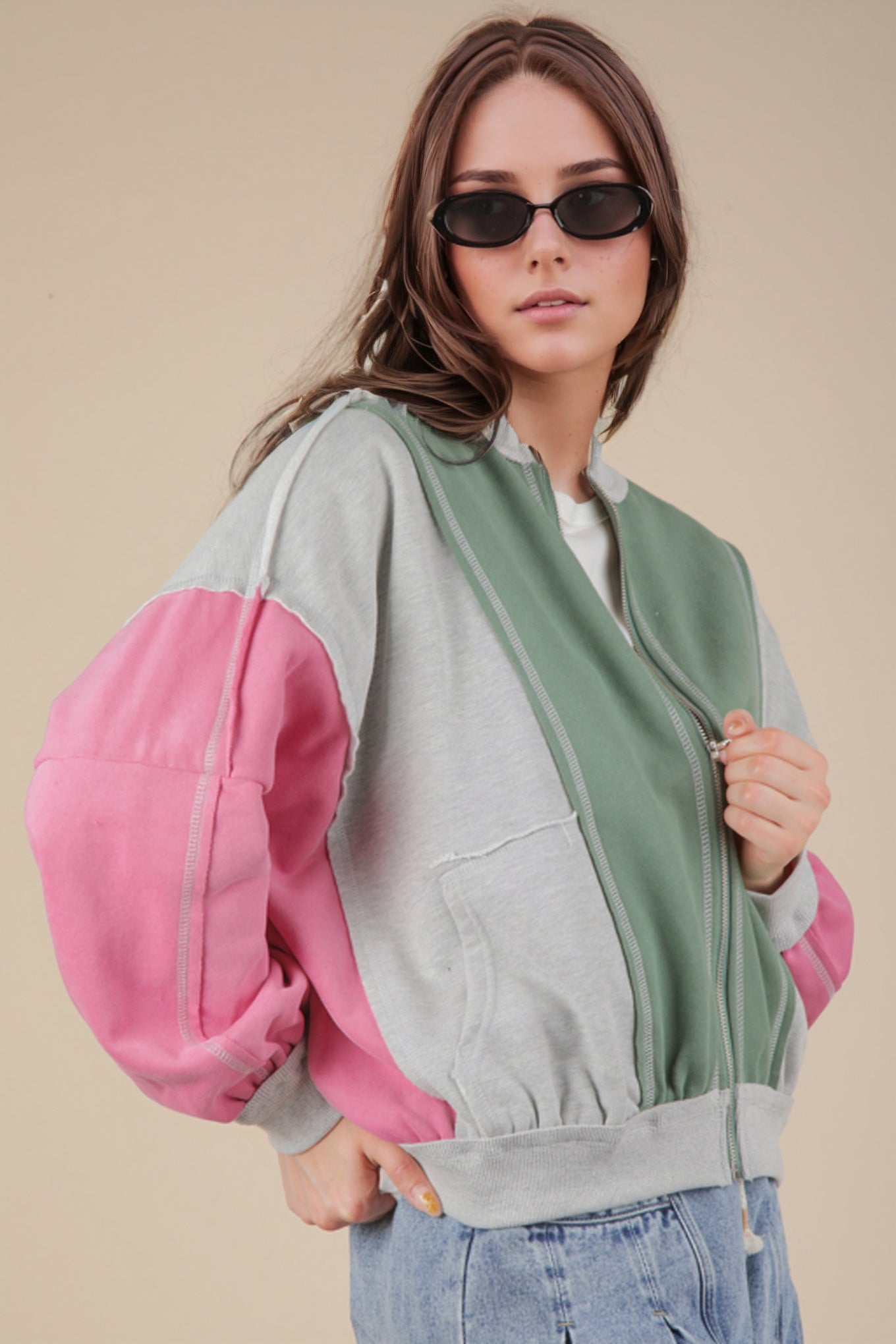 Color Block Casual Bomber Oversized Knit Jacket