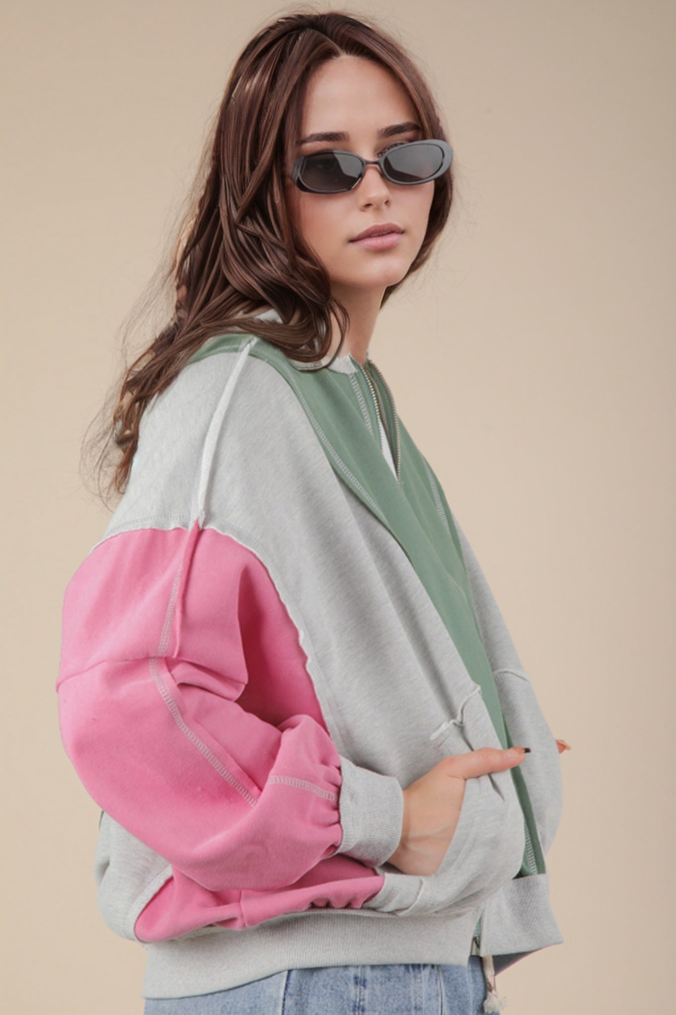 Color Block Casual Bomber Oversized Knit Jacket