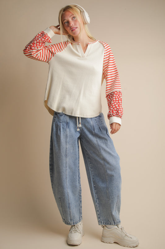 Oversized Floral & Stripe Casual Knit Top