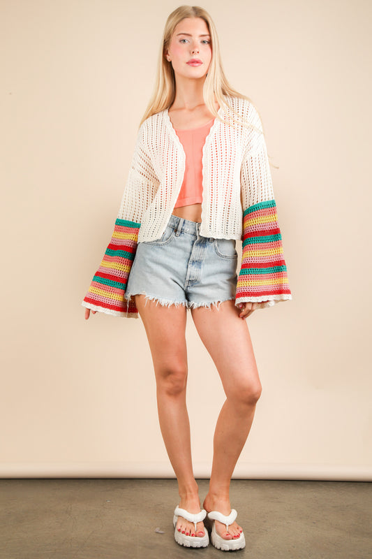 Color Block Bell Sleeve Summer Sweater Cardigan