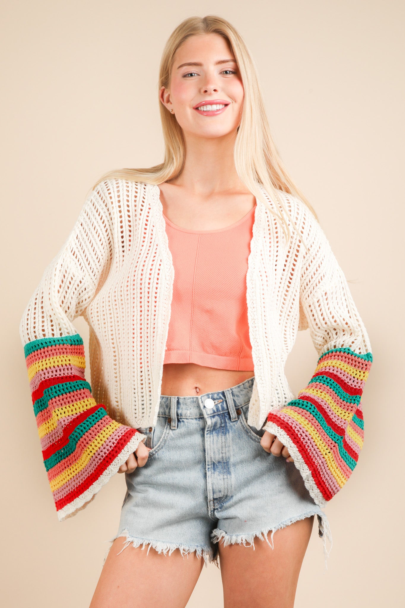 Color Block Bell Sleeve Summer Sweater Cardigan