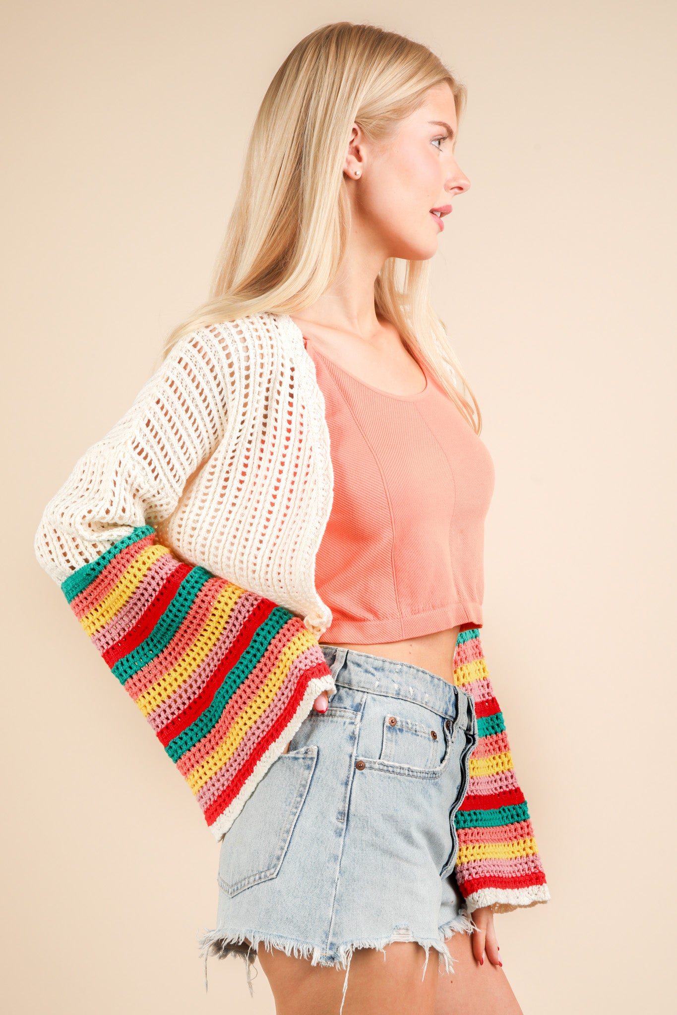 Color Block Bell Sleeve Summer Sweater Cardigan