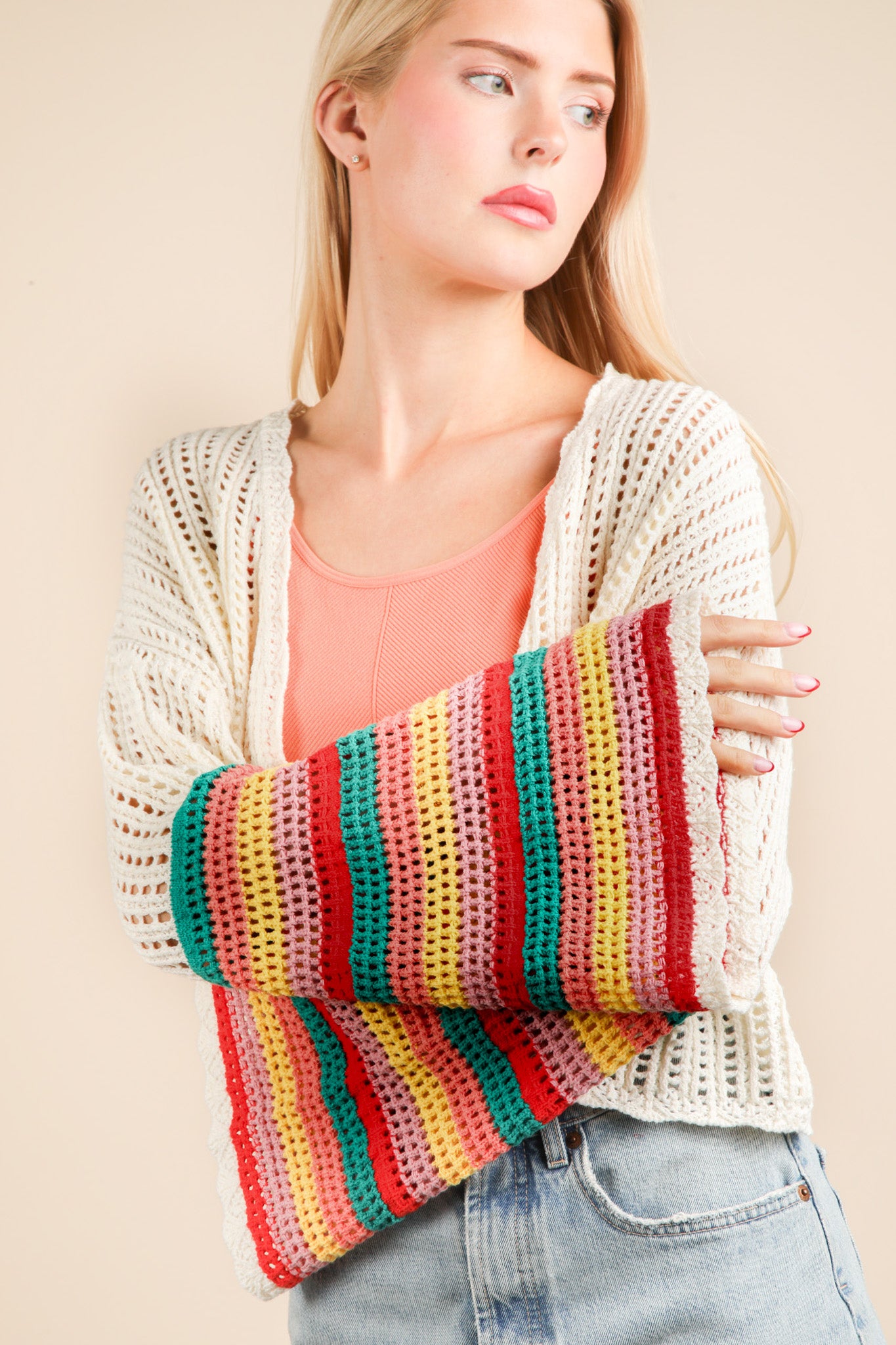 Color Block Bell Sleeve Summer Sweater Cardigan