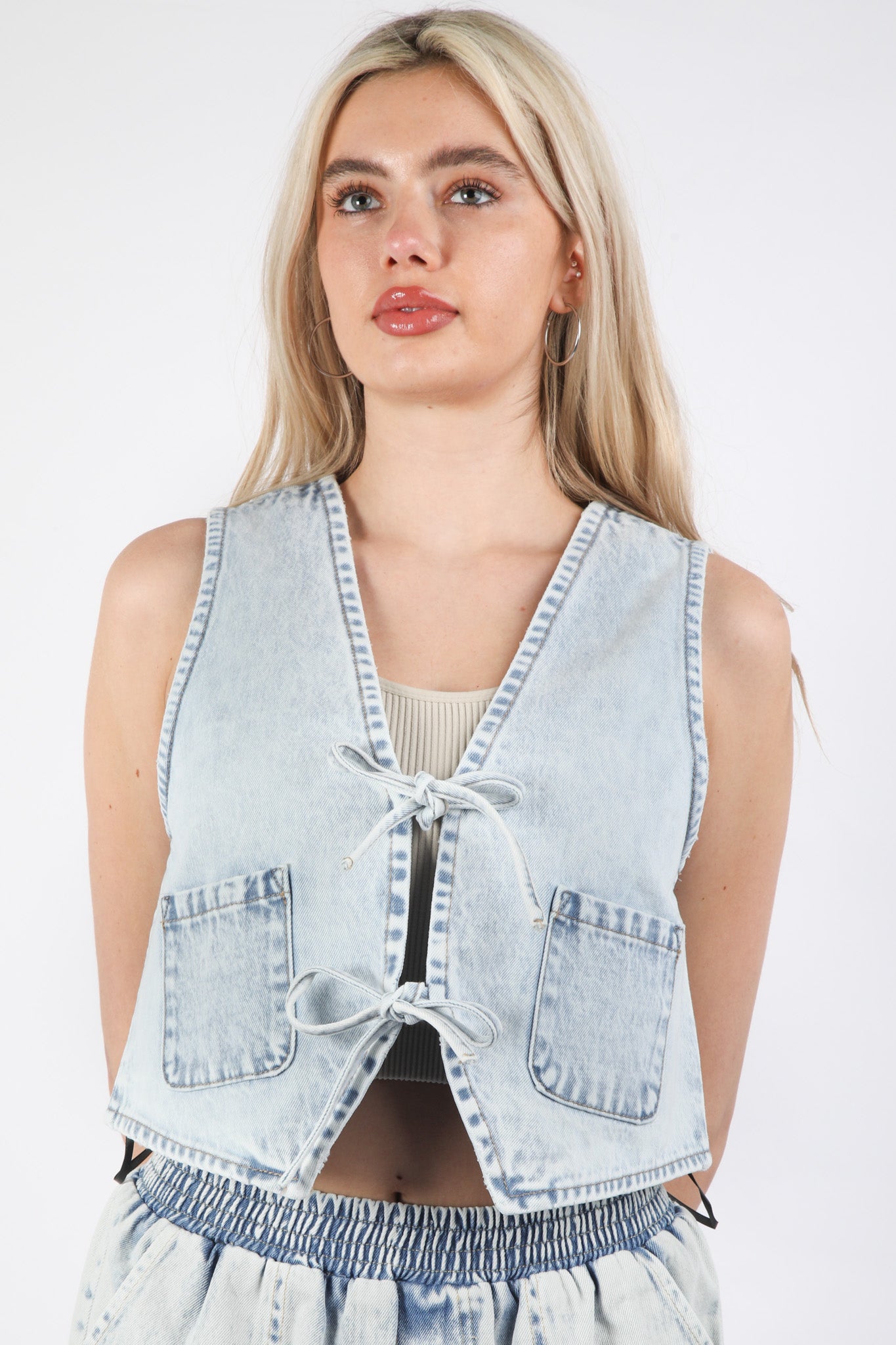 Acid Washed Denim Front Tie Vest
