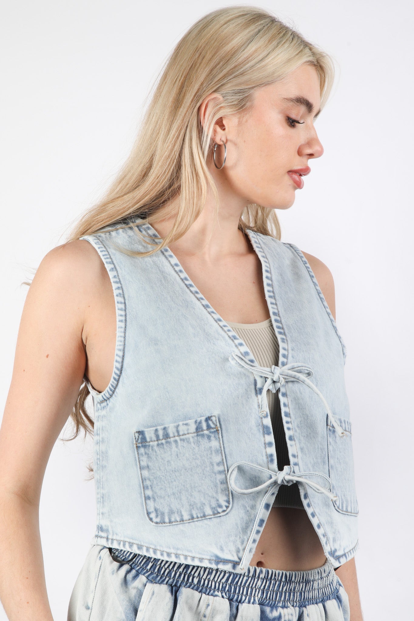 Acid Washed Denim Front Tie Vest