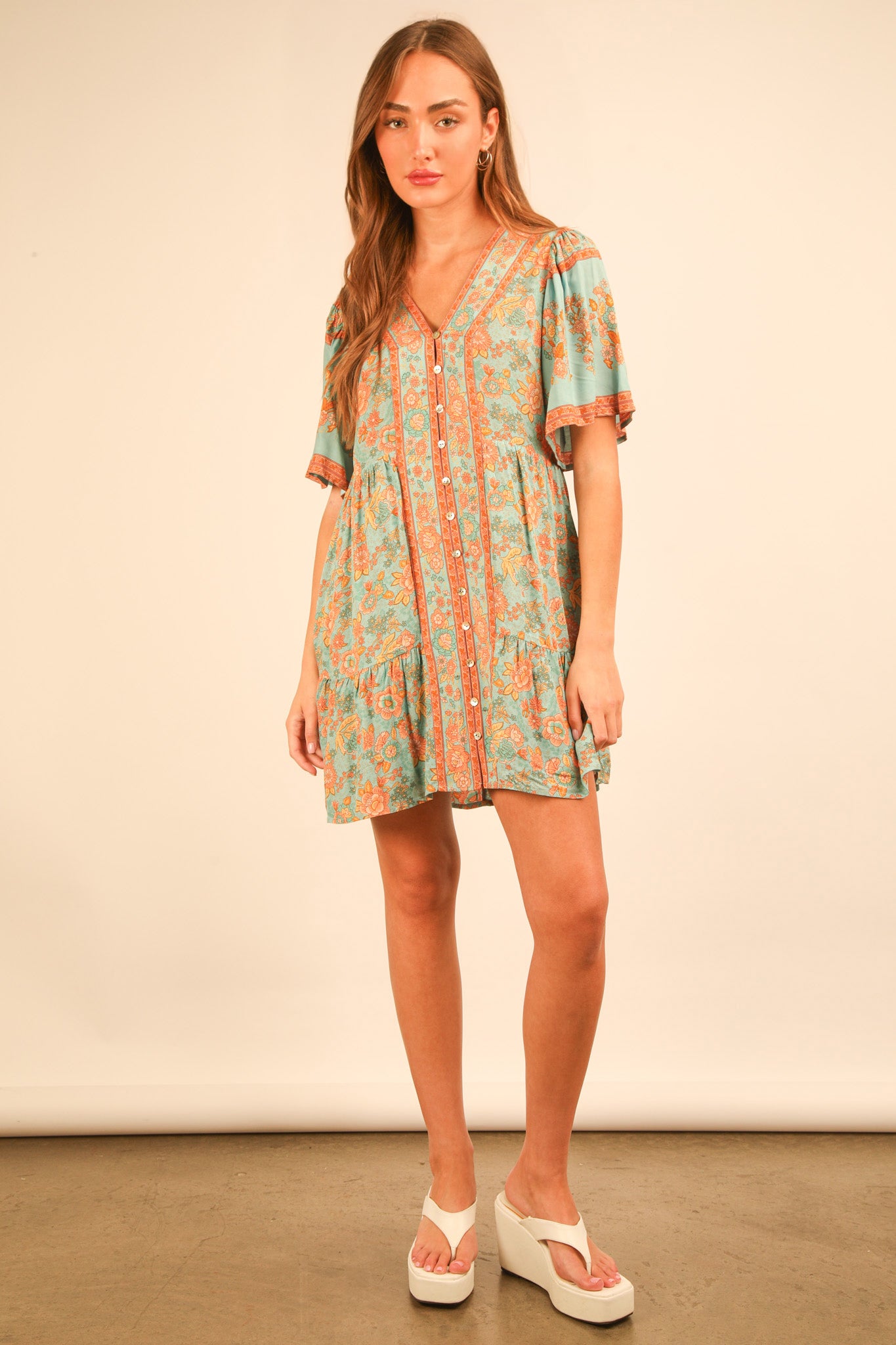 Printed V Neck Button Down Mini Dress