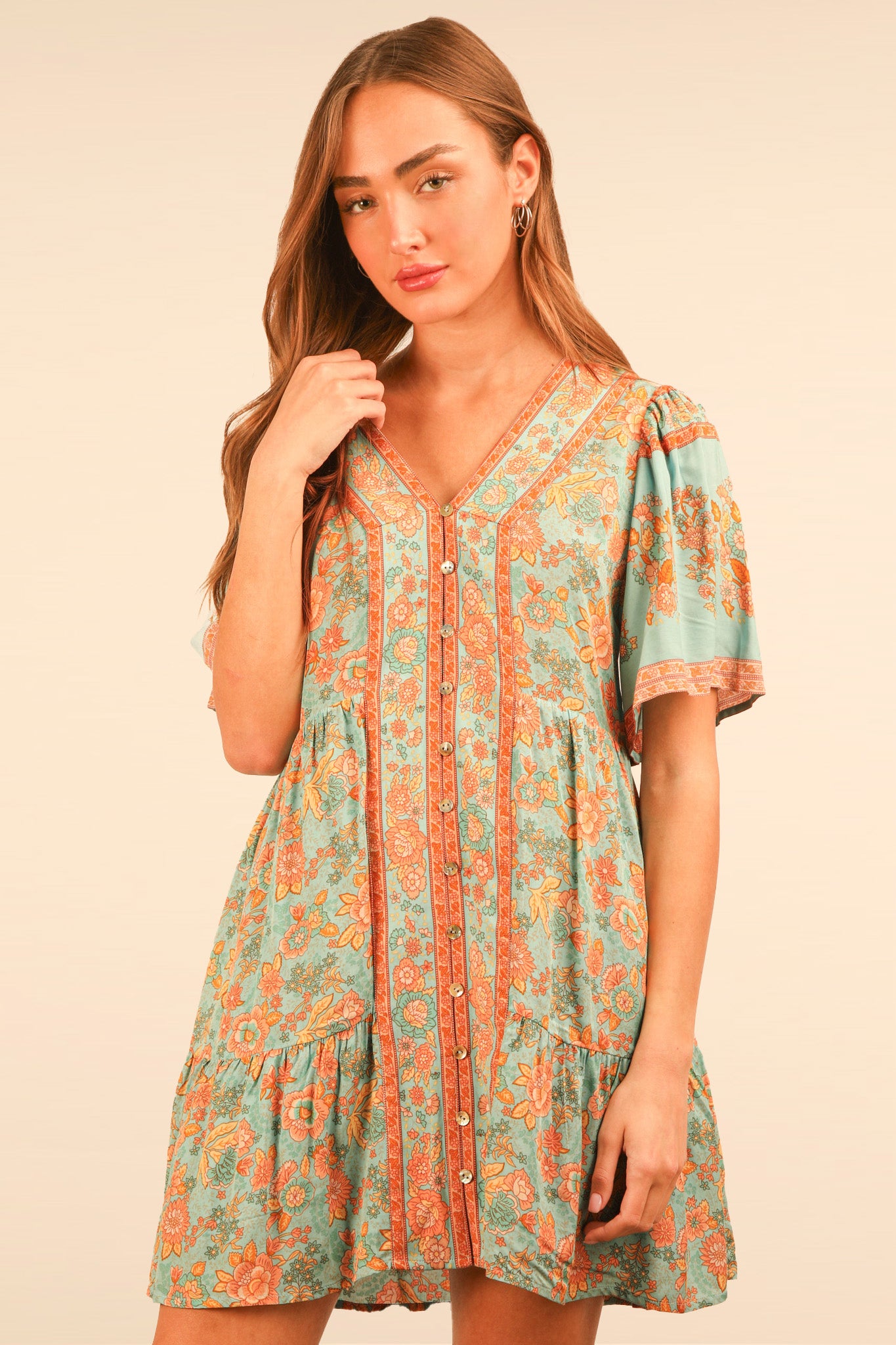 Printed V Neck Button Down Mini Dress