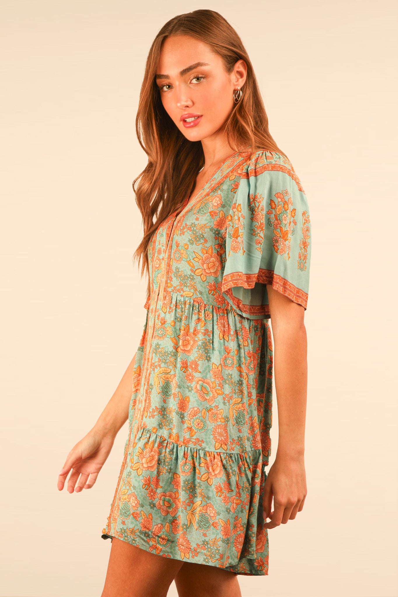 Printed V Neck Button Down Mini Dress